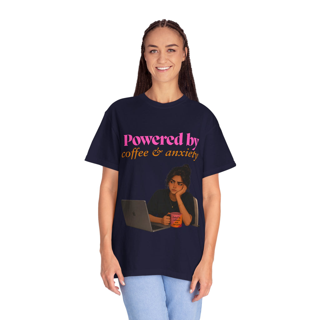 Powered by Coffee & Anxiety T-Shirt — Funny Work Burnout Graphic Tee