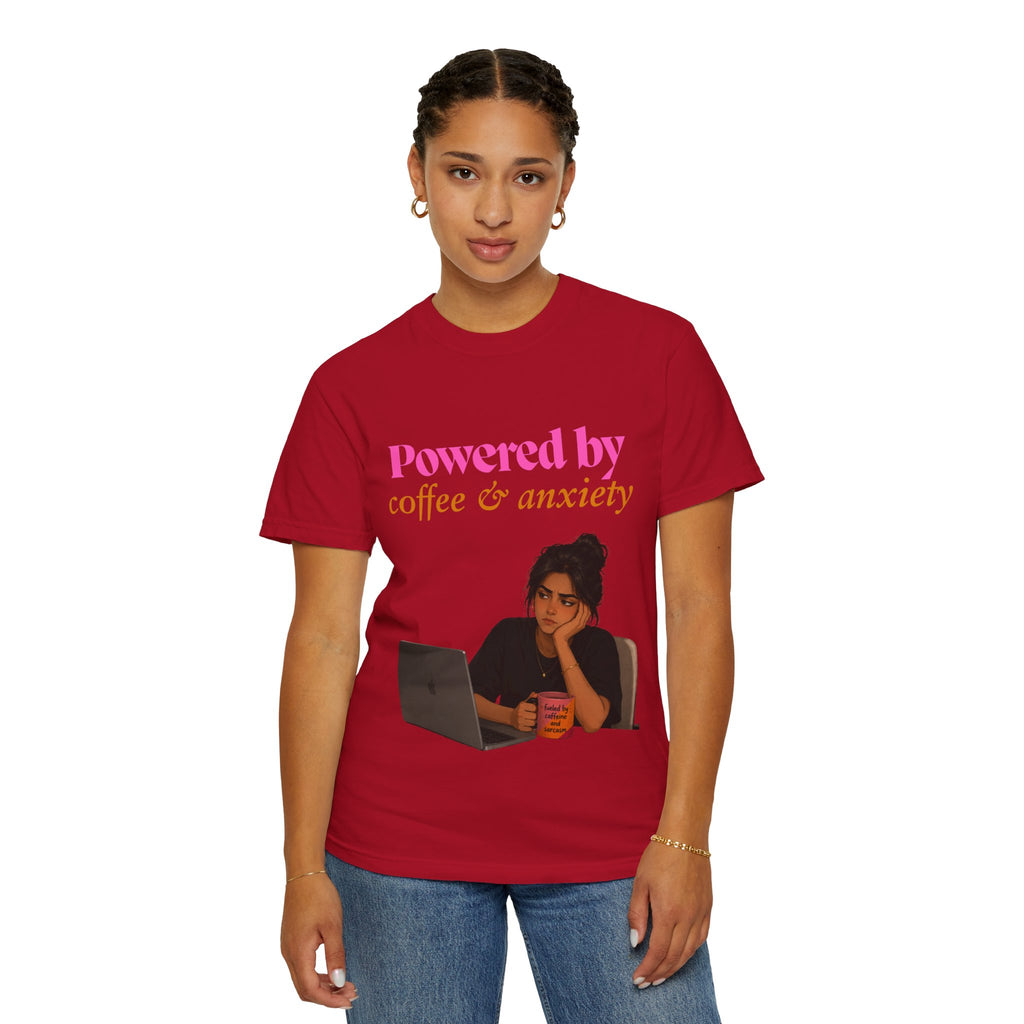 Powered by Coffee & Anxiety T-Shirt — Funny Work Burnout Graphic Tee