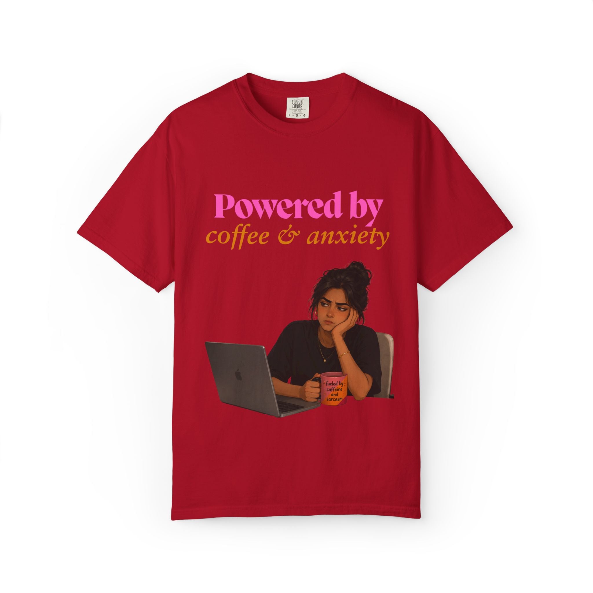 Powered by Coffee & Anxiety T-Shirt — Funny Work Burnout Graphic Tee
