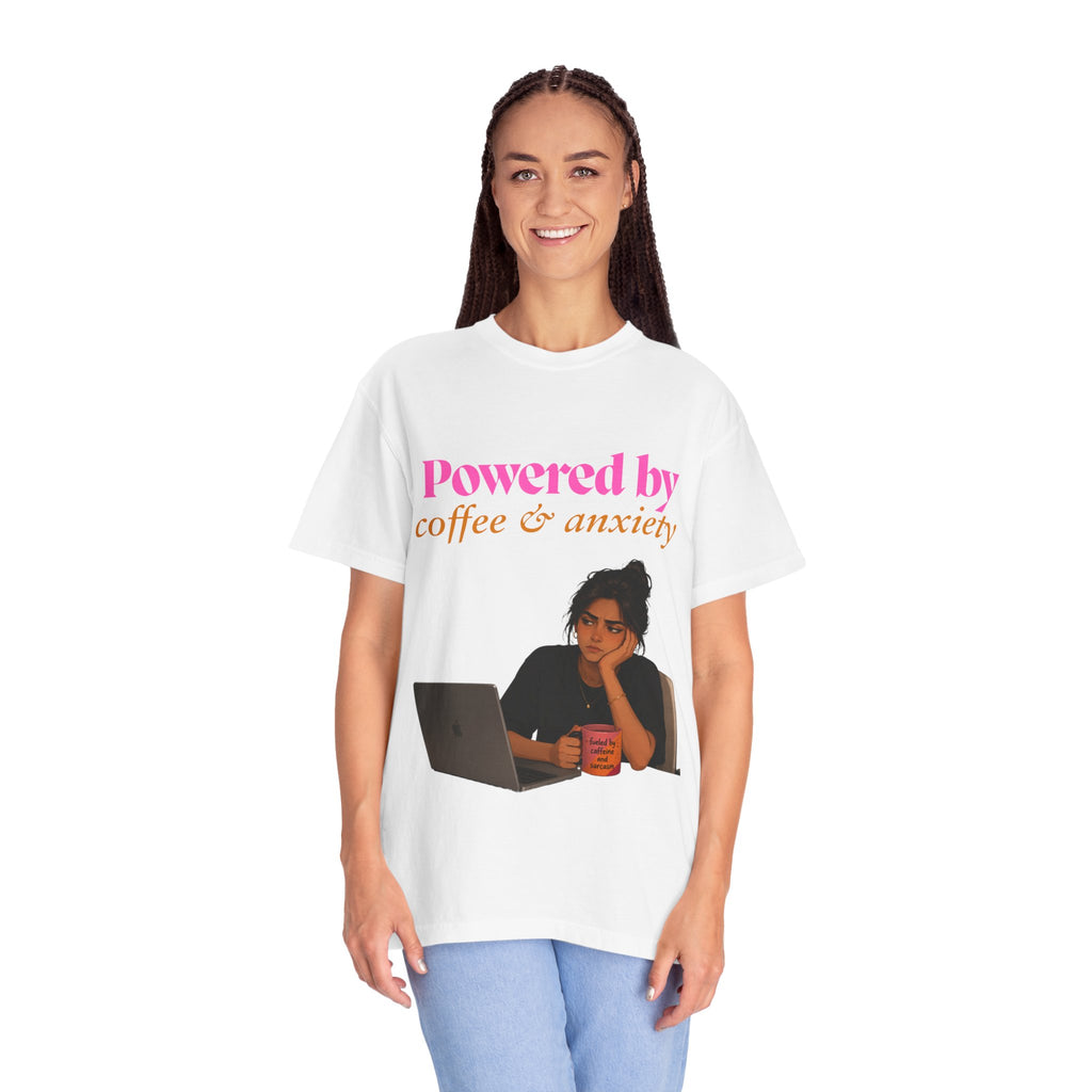 Powered by Coffee & Anxiety T-Shirt — Funny Work Burnout Graphic Tee