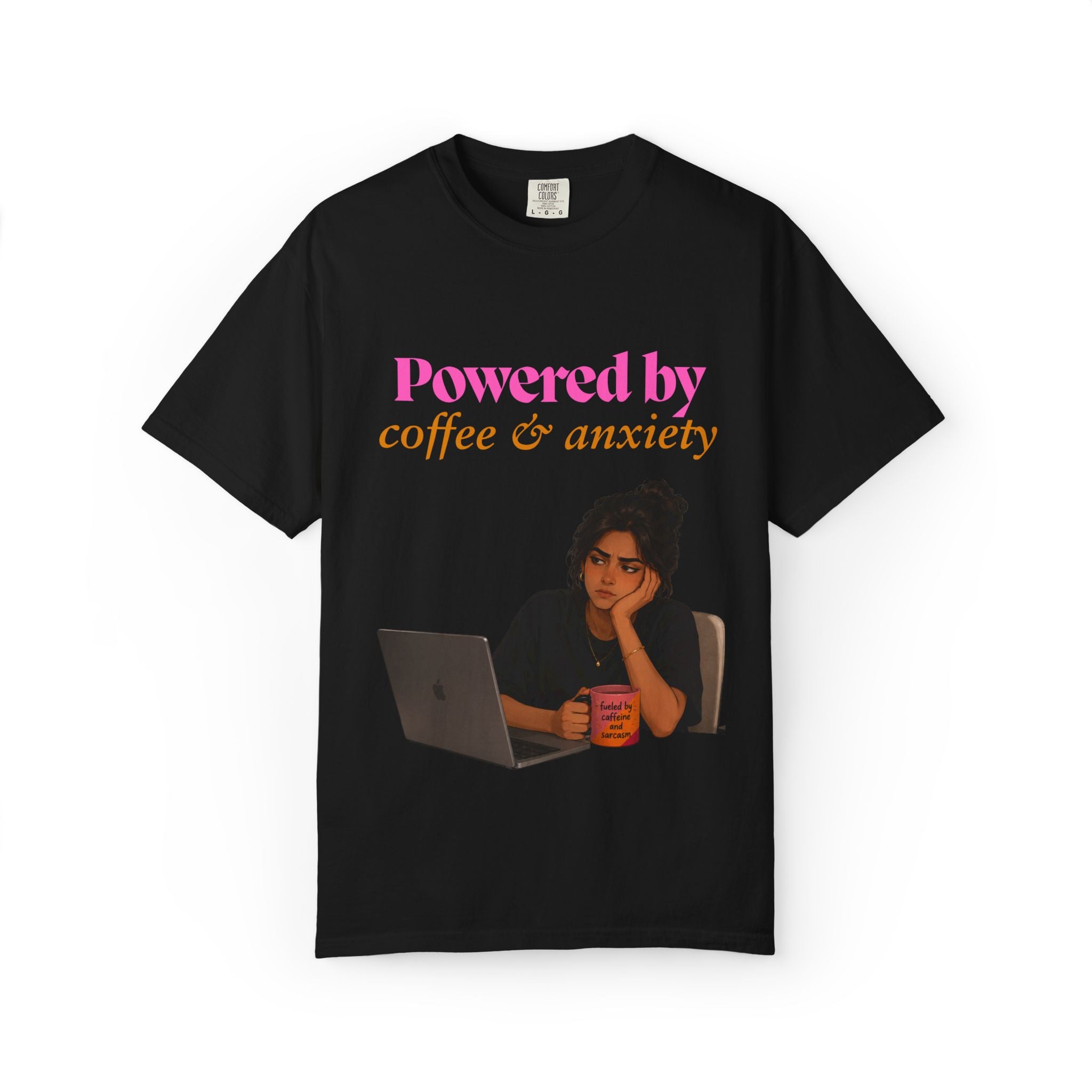 Powered by Coffee & Anxiety T-Shirt — Funny Work Burnout Graphic Tee