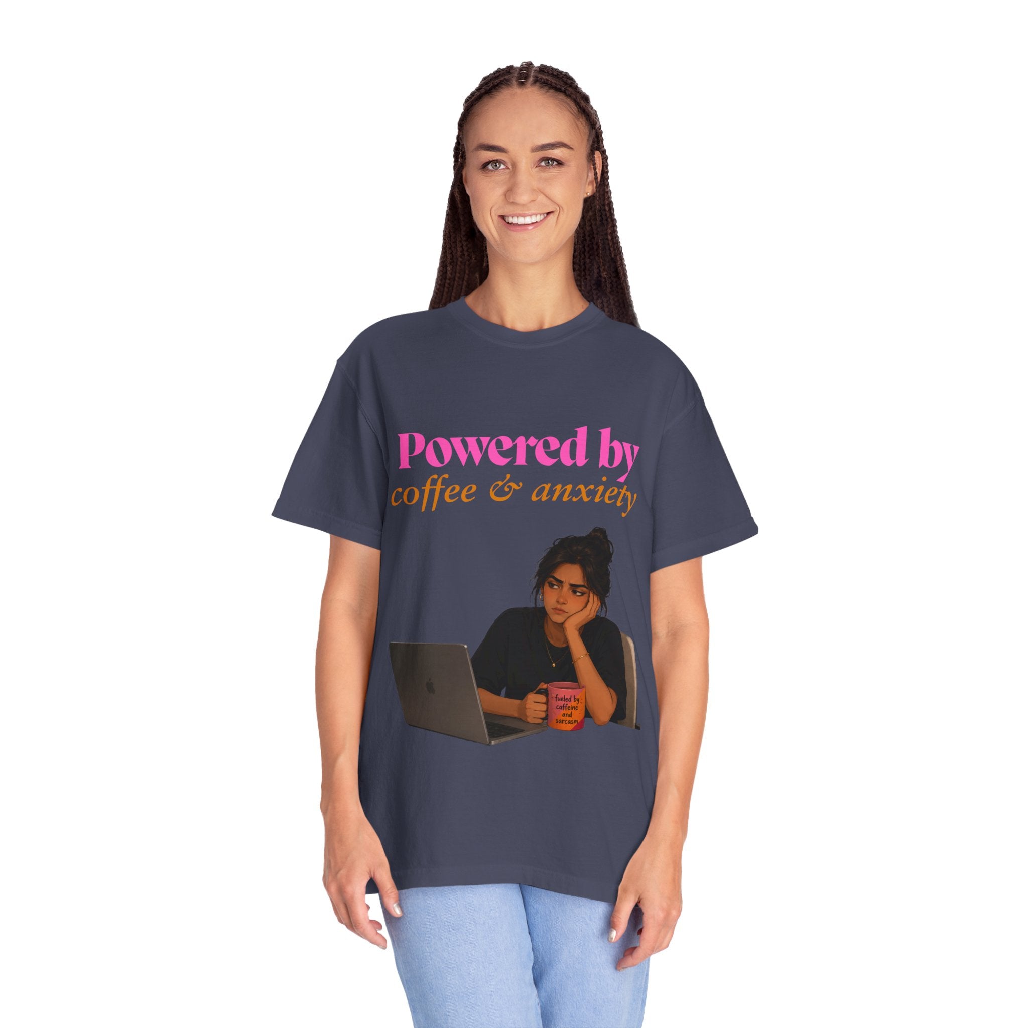 Powered by Coffee & Anxiety T-Shirt — Funny Work Burnout Graphic Tee