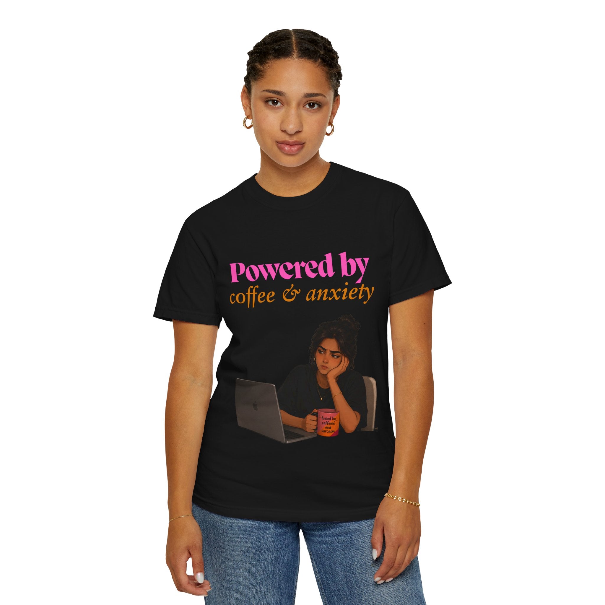 Powered by Coffee & Anxiety T-Shirt — Funny Work Burnout Graphic Tee