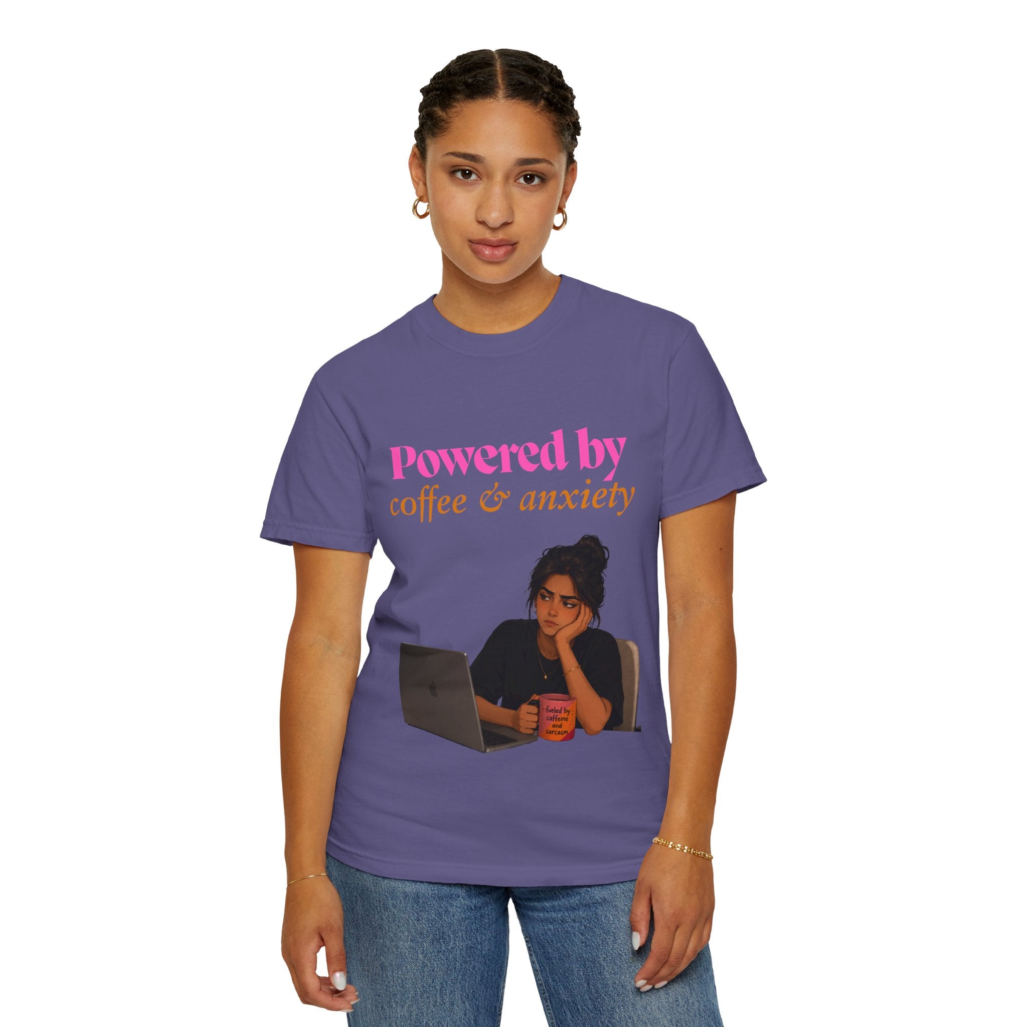 Powered by Coffee & Anxiety T-Shirt — Funny Work Burnout Graphic Tee